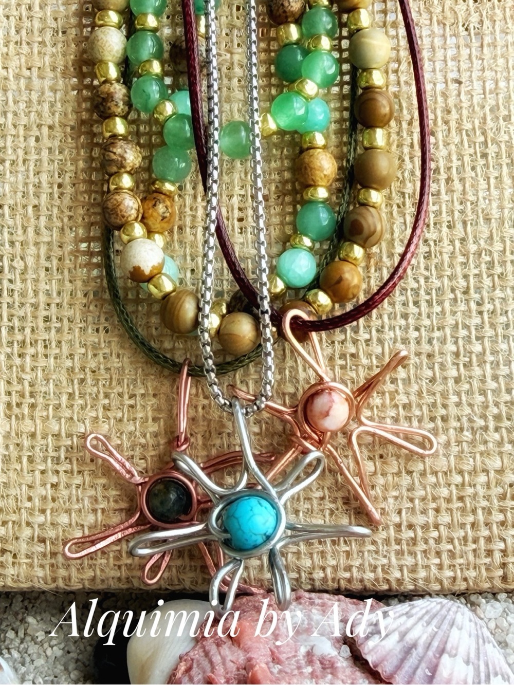 SUMMER Strand Necklace with Green Beads and Turquoise Accent